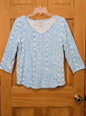 Chicos The Ultimate Tee Shirt Top Blue  3/4 Sleeve Summer Resort Women's 2 LG